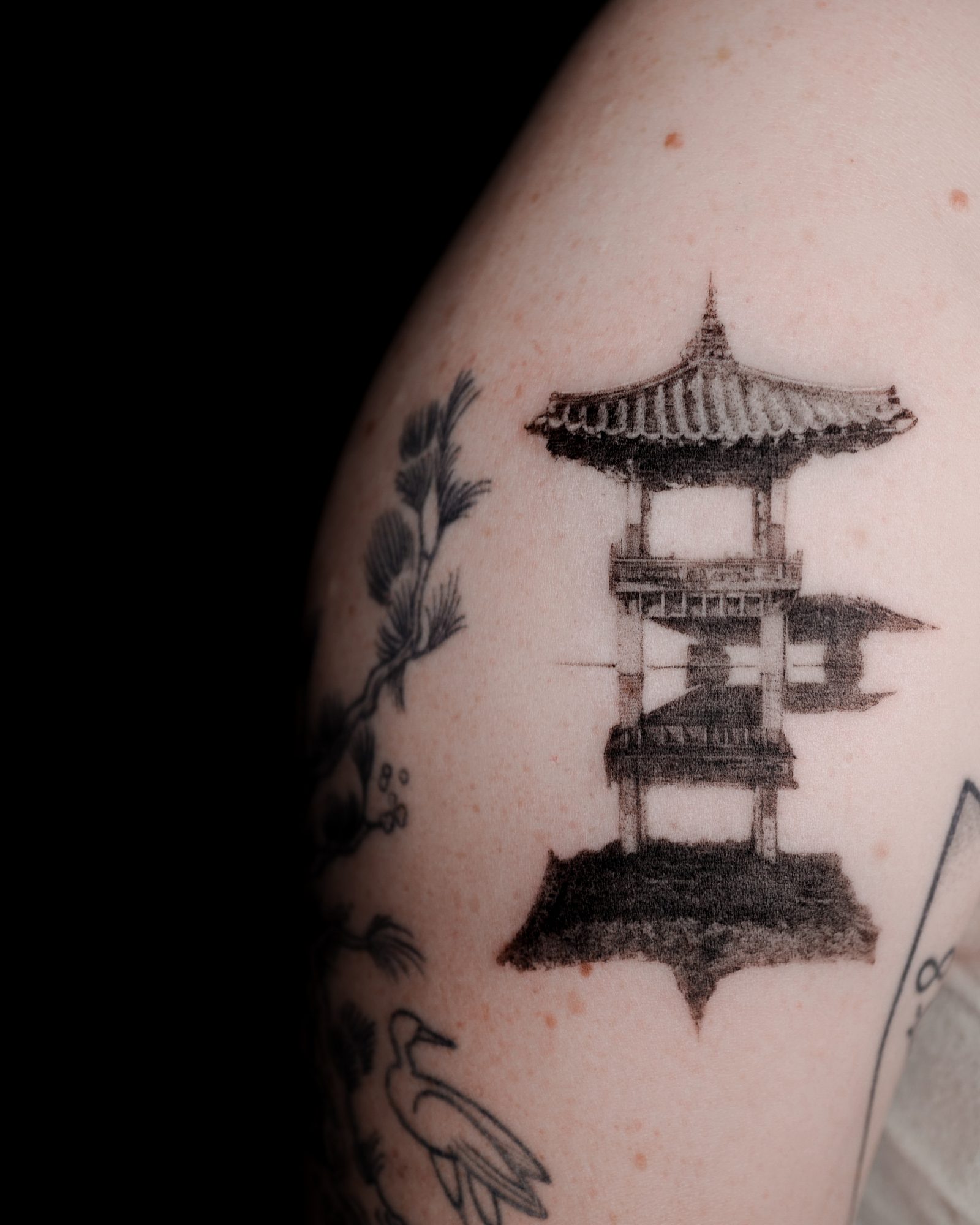 Tattoo uploaded by Anatta Vela • Tattoo by Soren Sangkuhl #SorenSangkuhl # japanese #neojapanese #pagoda #cherryblossoms #landscape #nature • Tattoodo