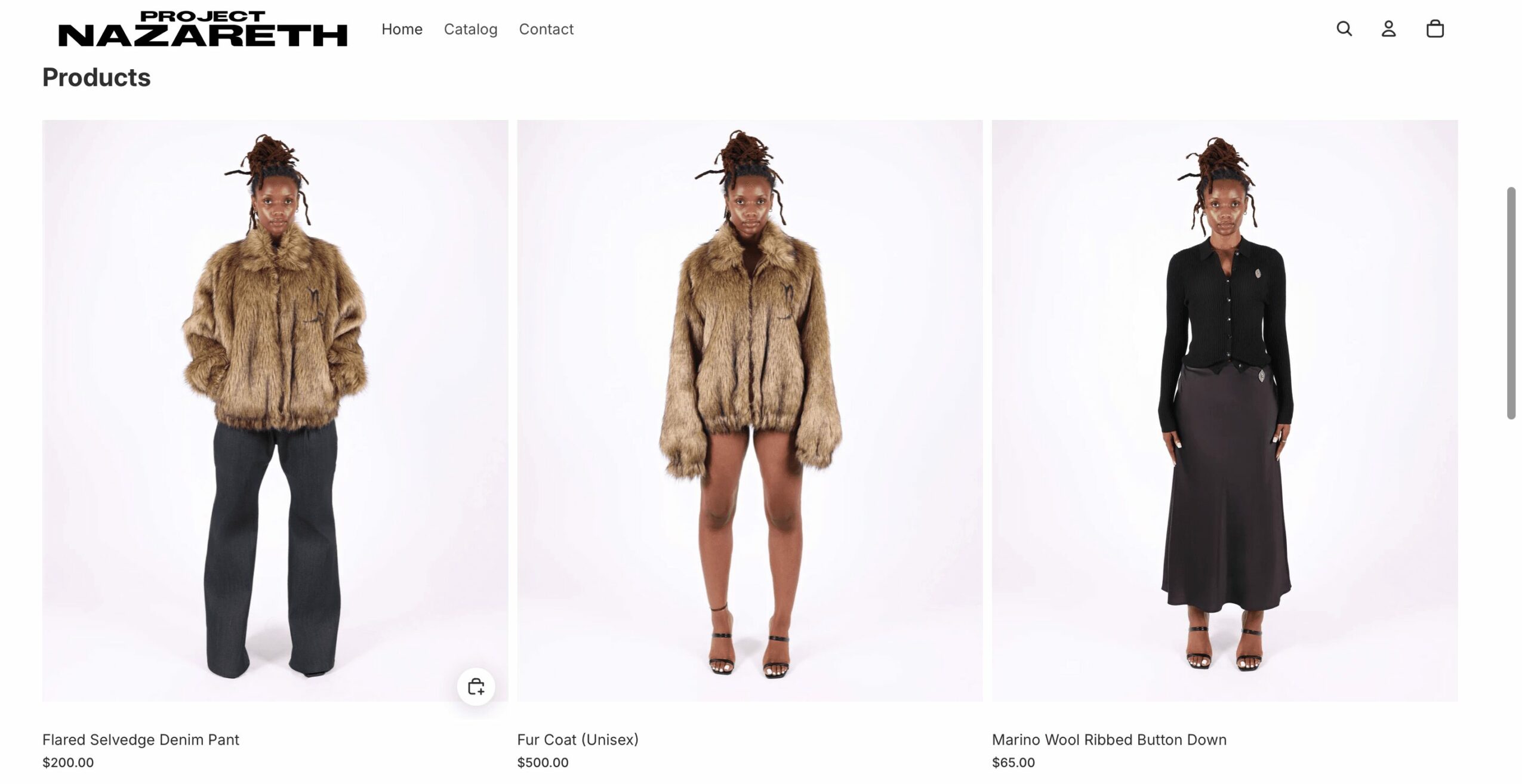 Three women modeling different outfits: fur coat, beige puffer jacket, and black blazer with skirt.