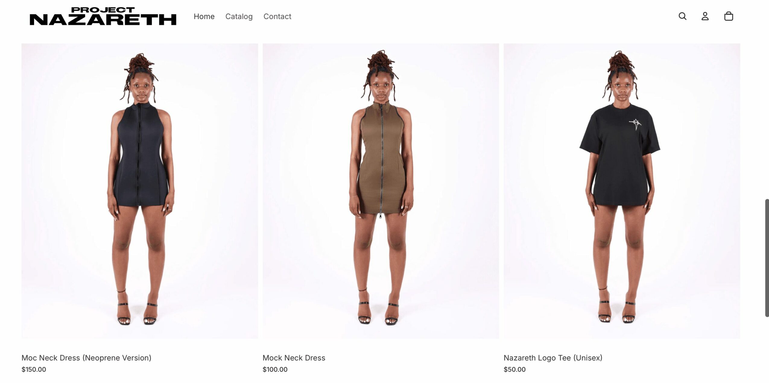 Three women in different outfits standing against a white background, each with a different dress or top and shorts.