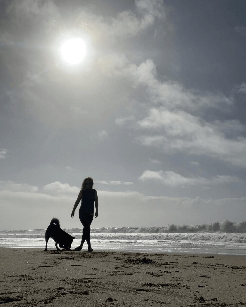 Person walking a dog on a beach with the sun and clouds overhead.