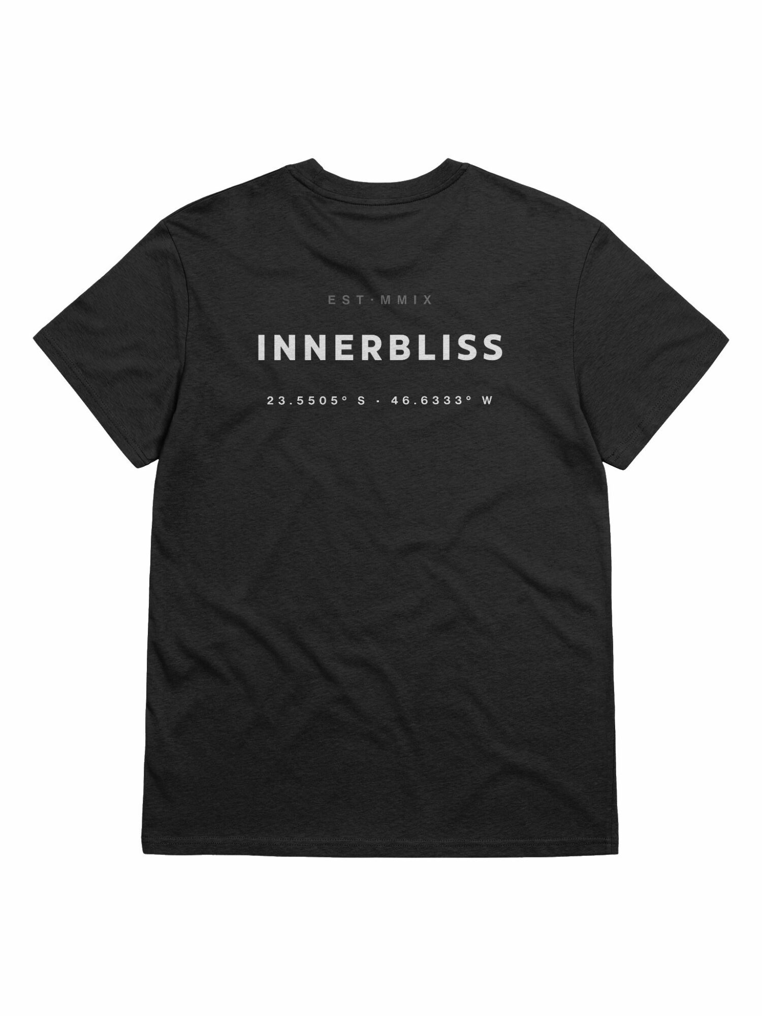 Black T-shirt with white text and coordinates printed on front.