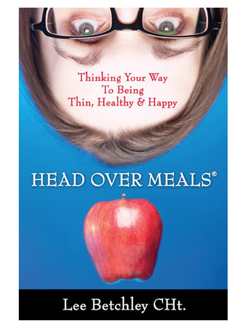 Upside-down image of a woman with glasses, an apple, and text about healthy eating and weight management.