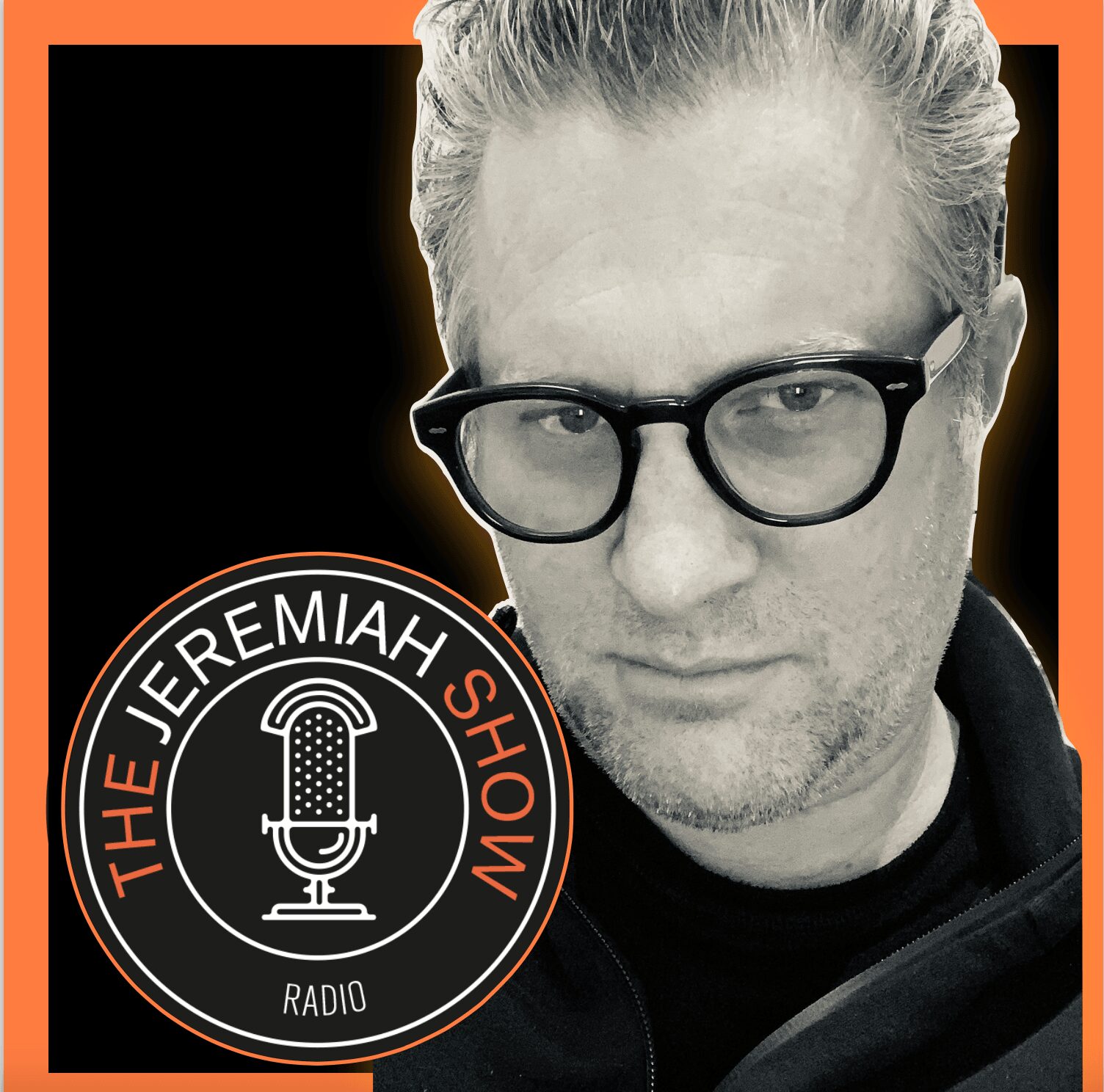 Black and white portrait of a man with glasses, with a logo for The Jeremiah Show radio program on the left.