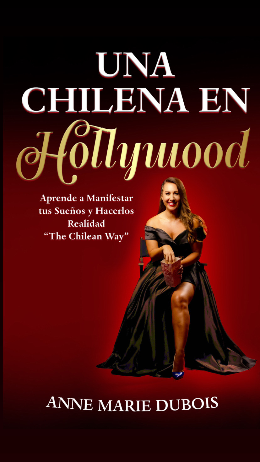 Book cover with a woman in a black dress sitting on a chair, red background, and text in Spanish and English.