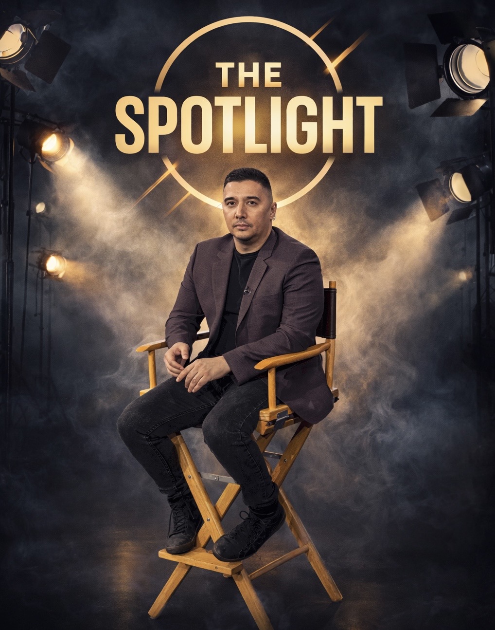 Man sitting on a director's chair in a spotlighted studio with fog, behind a sign reading 'The Spotlight'.
