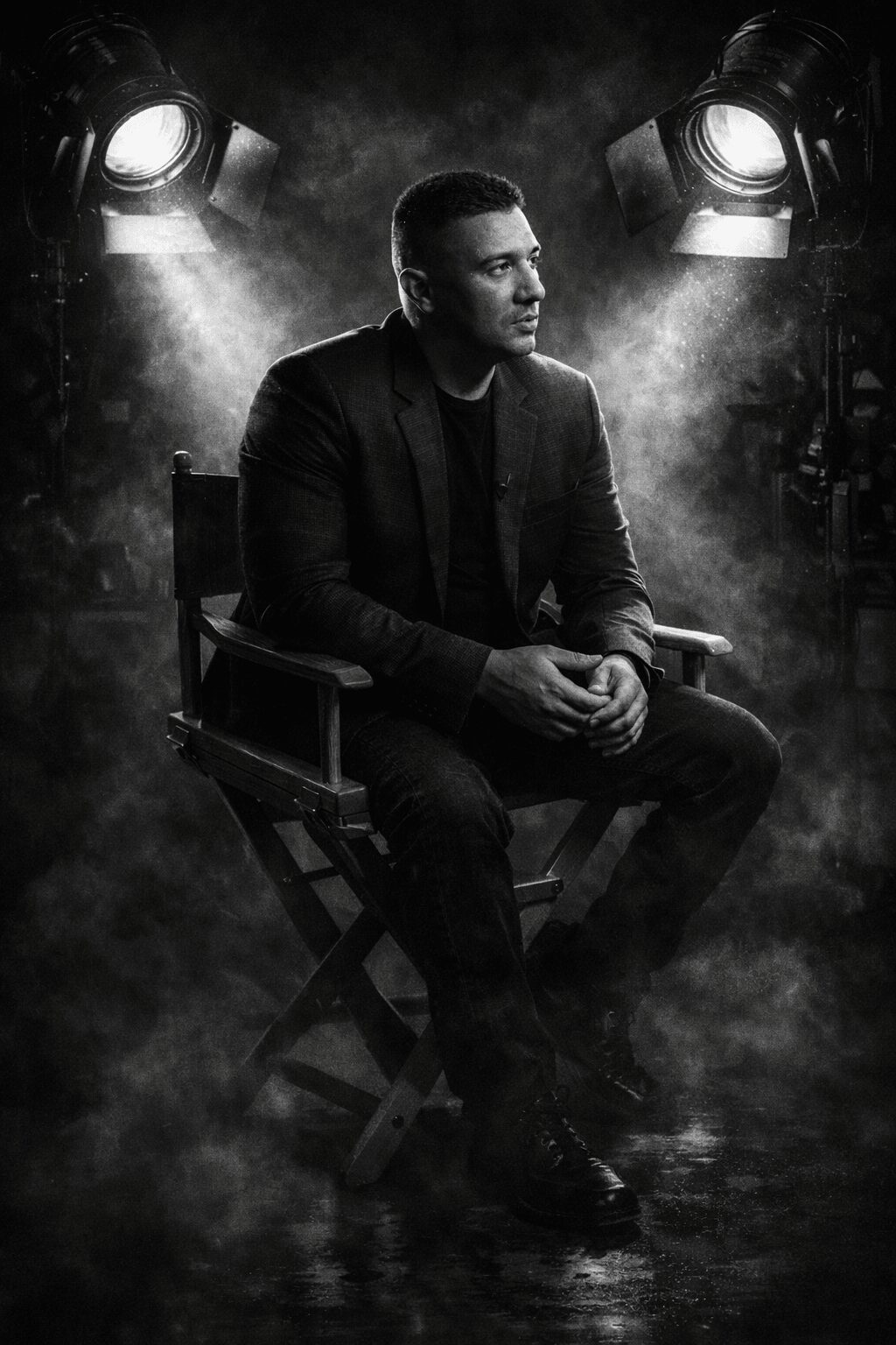 Man sitting on a director's chair in a dark, smoky setting with stage lights overhead.