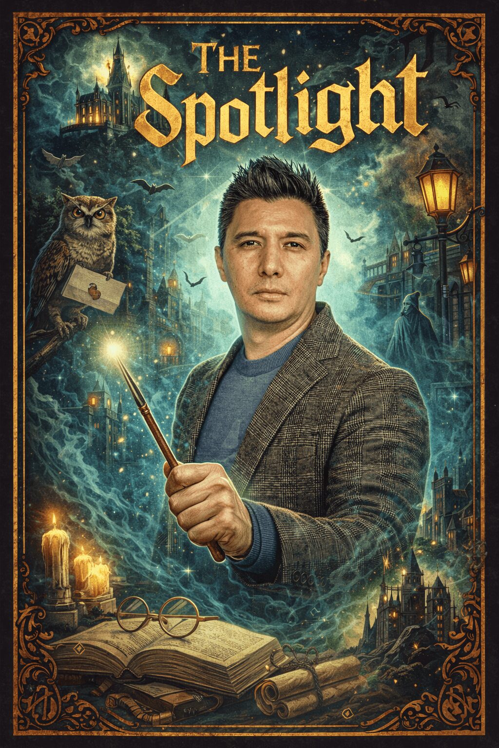 Man holding a wand with an owl and mystical background, book open in foreground, lanterns and buildings behind.