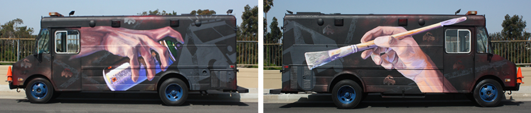 Bus with a large mural of a hand holding a paintbrush on its side, painted in shades of pink and purple.