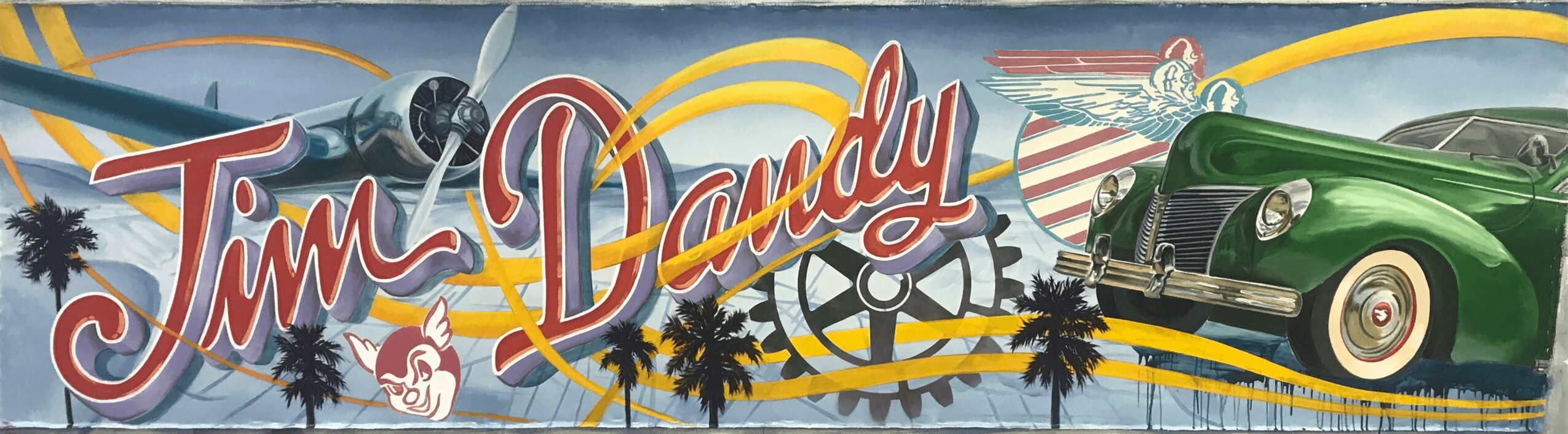 Colorful vintage carnival sign with text 'Jim Dandy', a green car, and decorative elements.