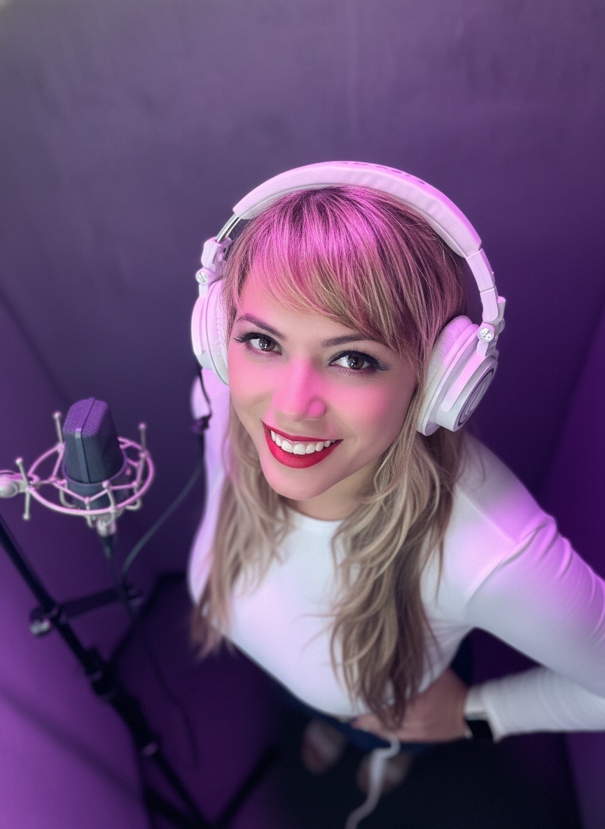 Woman with long blonde hair wearing large headphones, smiling, in a recording studio with a microphone.