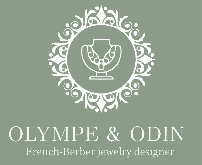Logo with ornate circular design, a hand holding a leaf, and text for jewelry designer OLYMPE & ODIN.