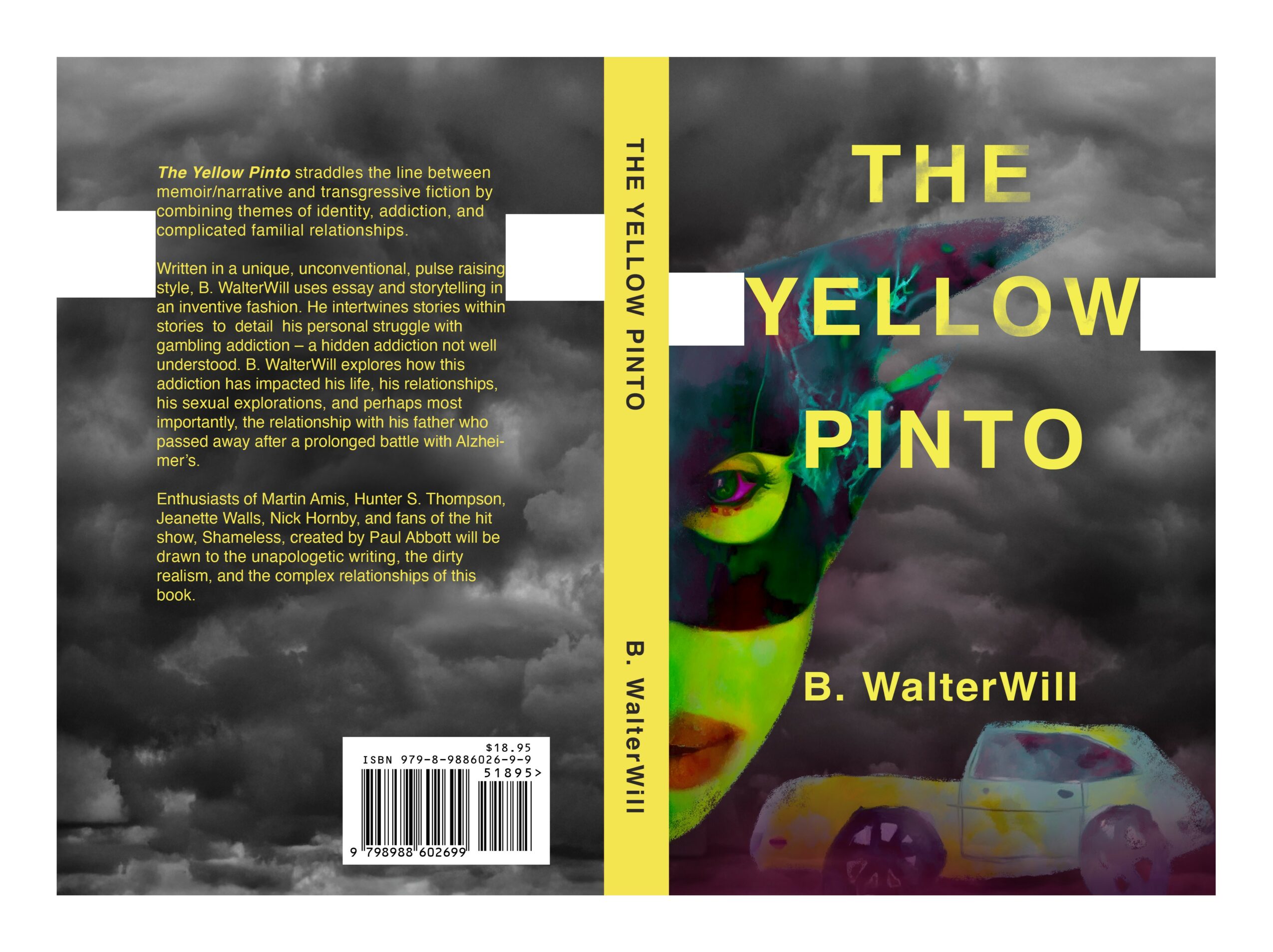 Book cover with a woman's face, colorful text, and a car in the background, titled 'The Yellow Pinto' by B. WalterWill.
