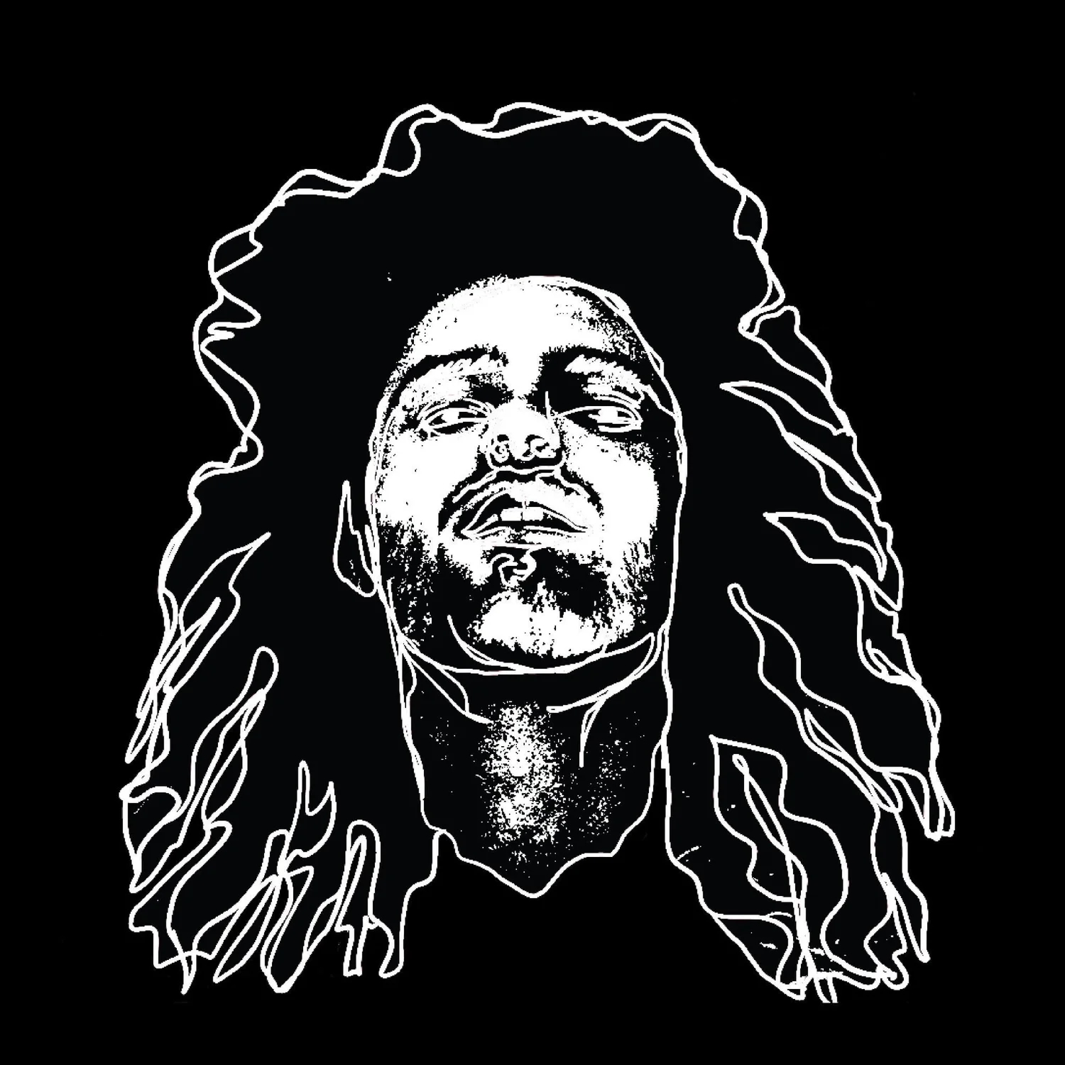 Line drawing of a person with long, wavy hair and a confident expression, facing forward against a black background.