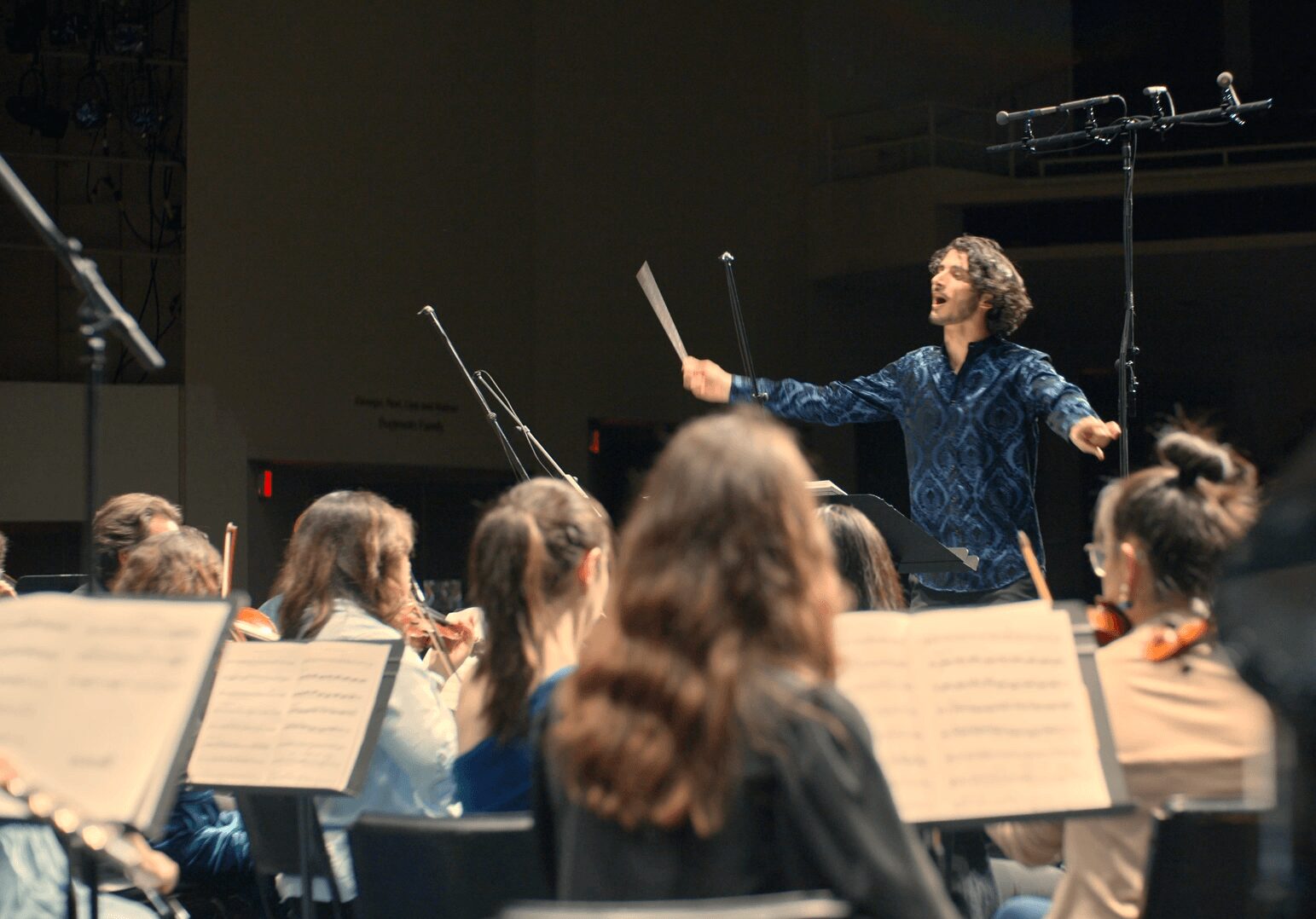 Conductor leading an orchestra with musicians playing string instruments in a concert hall.