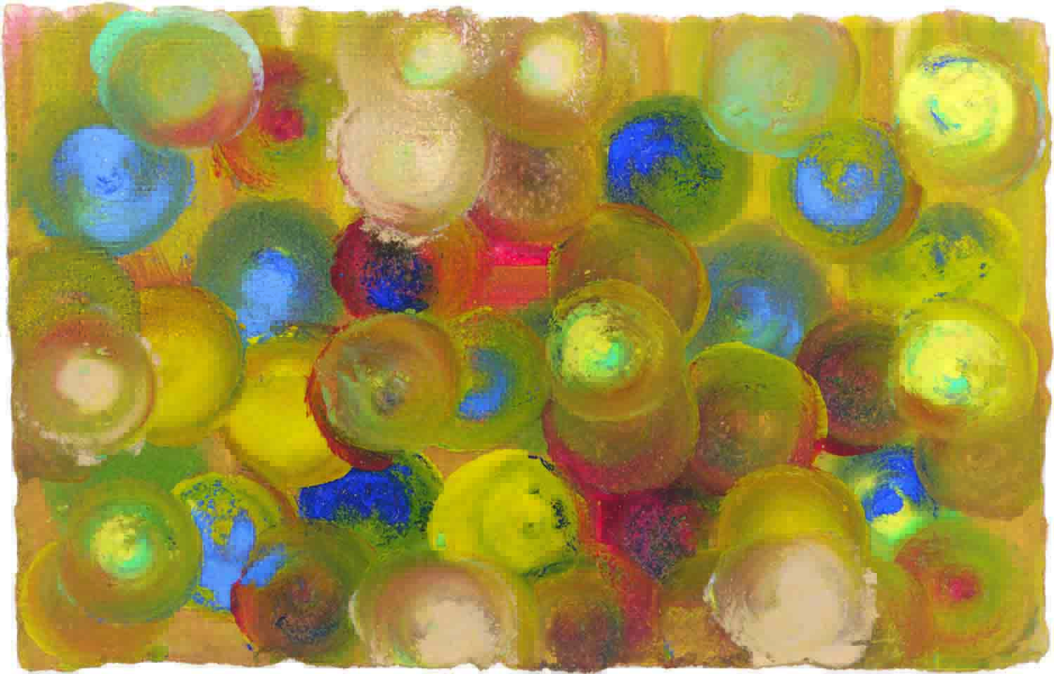 Abstract painting with multicolored circular shapes in yellow, blue, red, and beige on a yellow background.