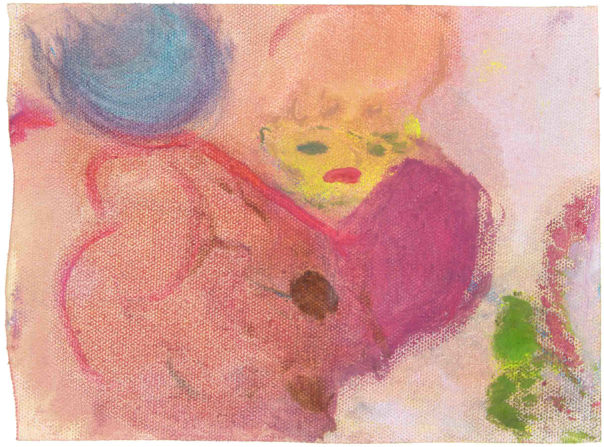 Abstract watercolor painting with pink, yellow, blue, and green colors blending together.