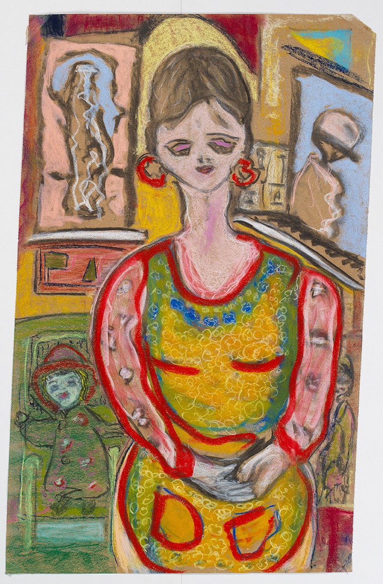 Painting of a woman with short hair, wearing a colorful dress, holding a phone, with various artworks in background.