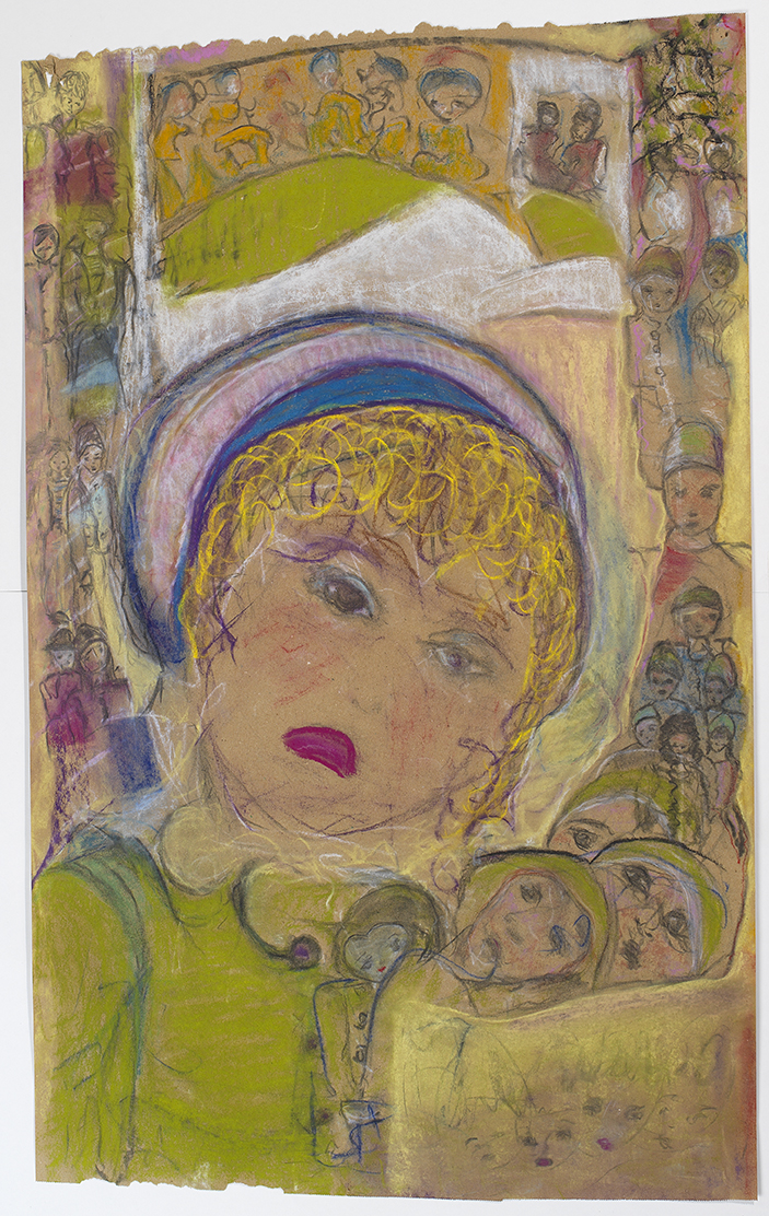 Portrait of a woman with curly blonde hair, wearing a green top and a large hat, surrounded by colorful abstract background.