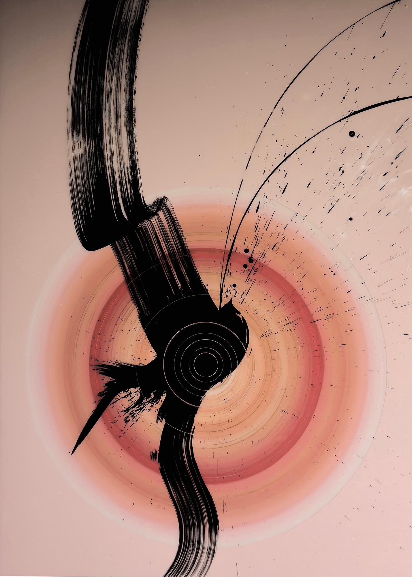 Abstract artwork with black curved lines, circular patterns, and splattered paint on a pink and peach background.