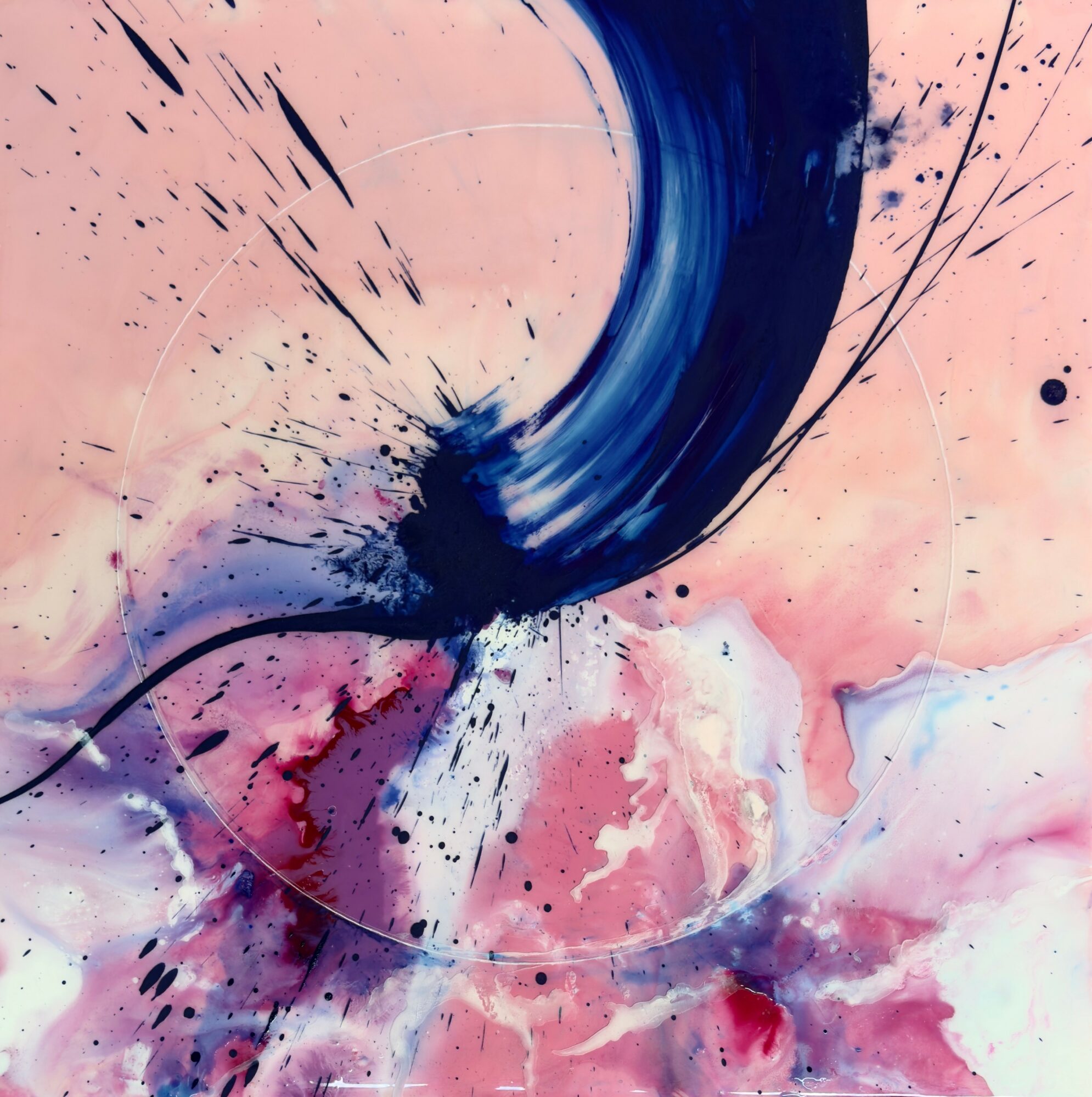 Abstract painting with pink, blue, and black splashes and curved strokes, resembling a dynamic explosion or movement.