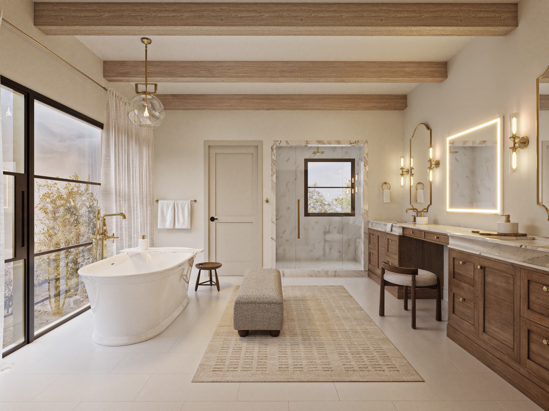 Bathroom with bathtub near large window, vanity with mirror, and wooden ceiling beams.