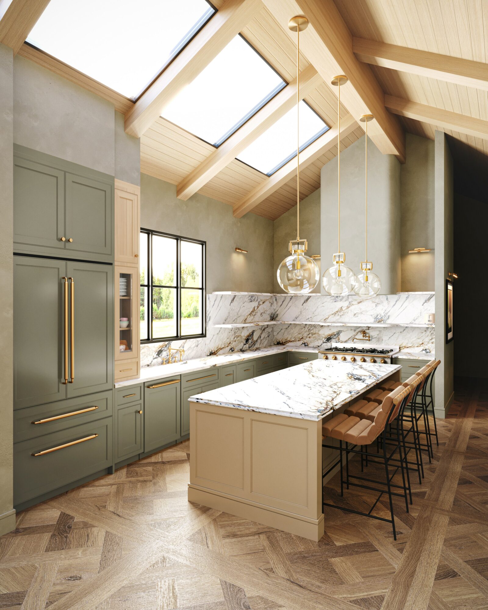 Kitchen with green cabinets, marble island, skylights, and wooden ceiling beams, featuring pendant lights and a window view.