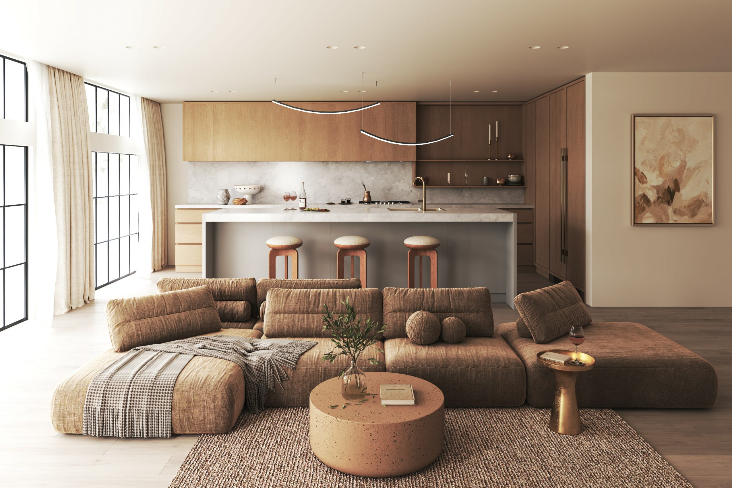 Open-concept living room and kitchen with large window, brown sectional sofa, round coffee table, and artwork on wall.