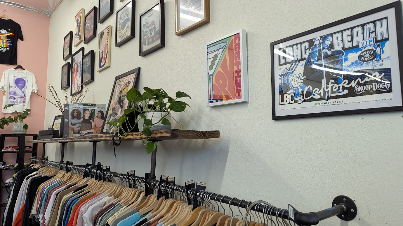 Wall with framed pictures, a shelf with a plant, and a clothing rack with colorful shirts.