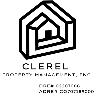 Logo with a geometric house outline, text 'CLEREL', and property management information.