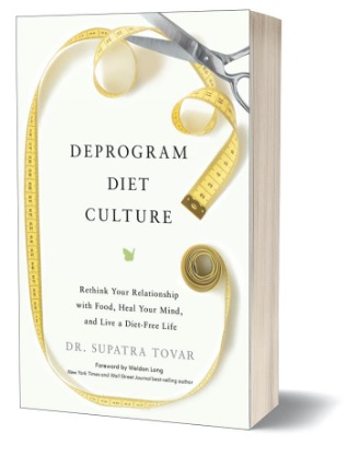 Book titled 'Deprogram Diet Culture' with a measuring tape and scissors on the cover.