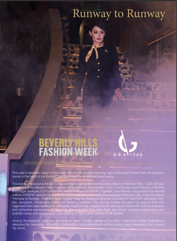 Woman walking down a staircase with fog, wearing a dark outfit and yellow scarf, with text about fashion week.