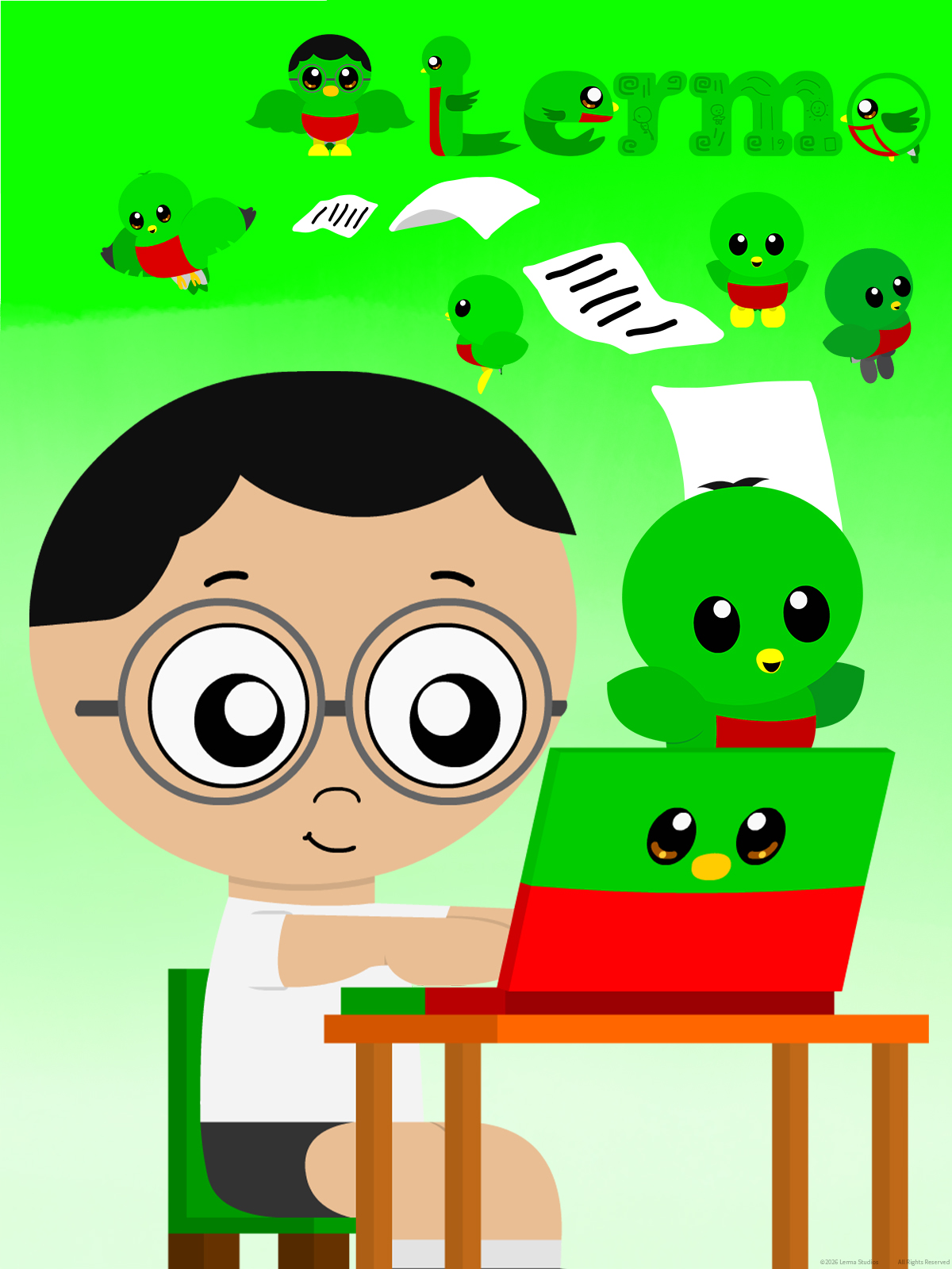 Child with glasses using a laptop, surrounded by cartoon worms and papers on a green background.