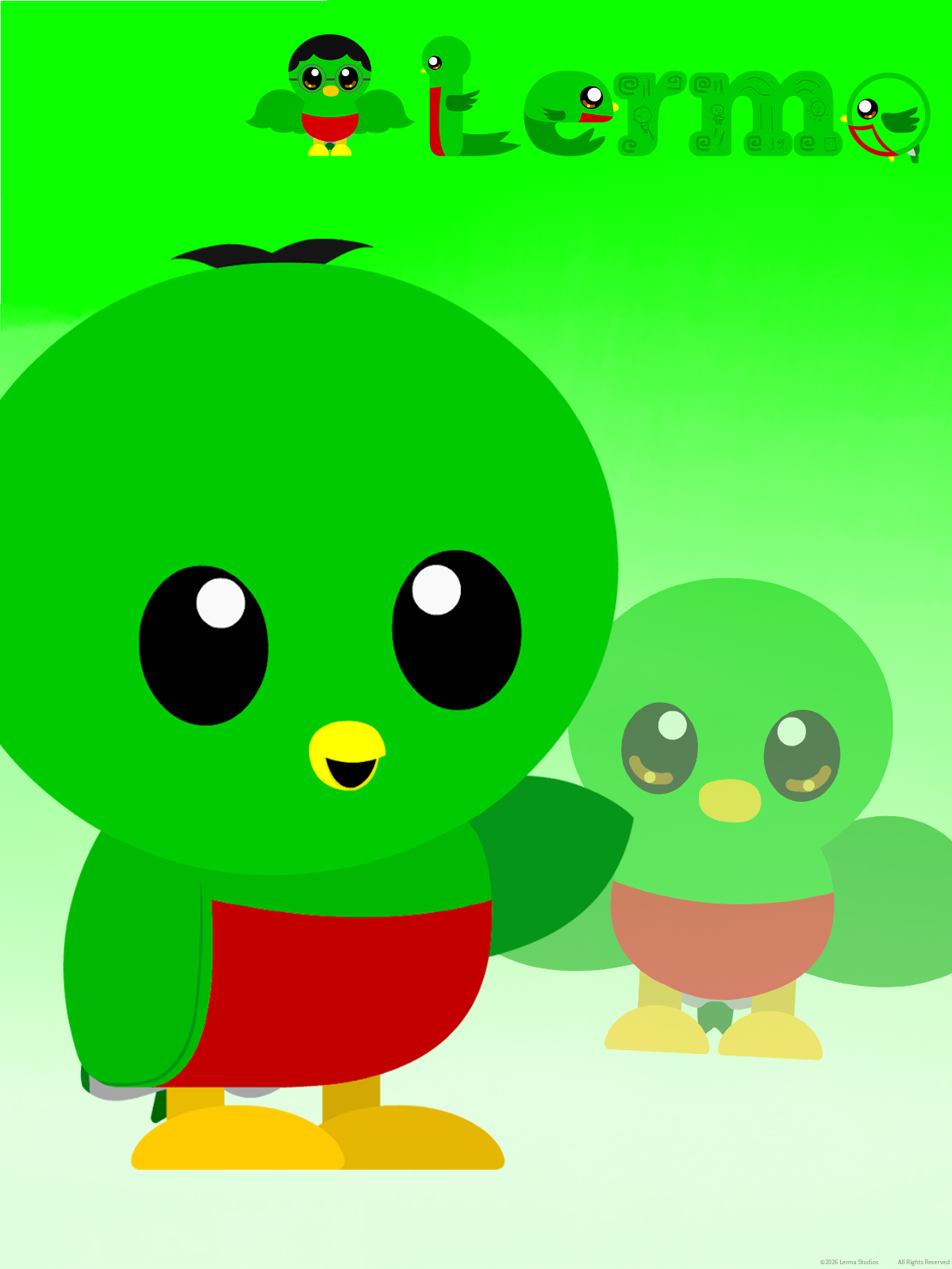 Two cartoon turtles with large eyes, smiling, on a green background with text. One larger, one smaller.