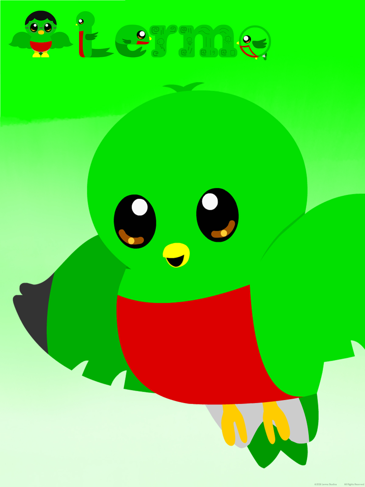 Cartoon green owl with large eyes, red chest, and yellow feet, standing on a green background.
