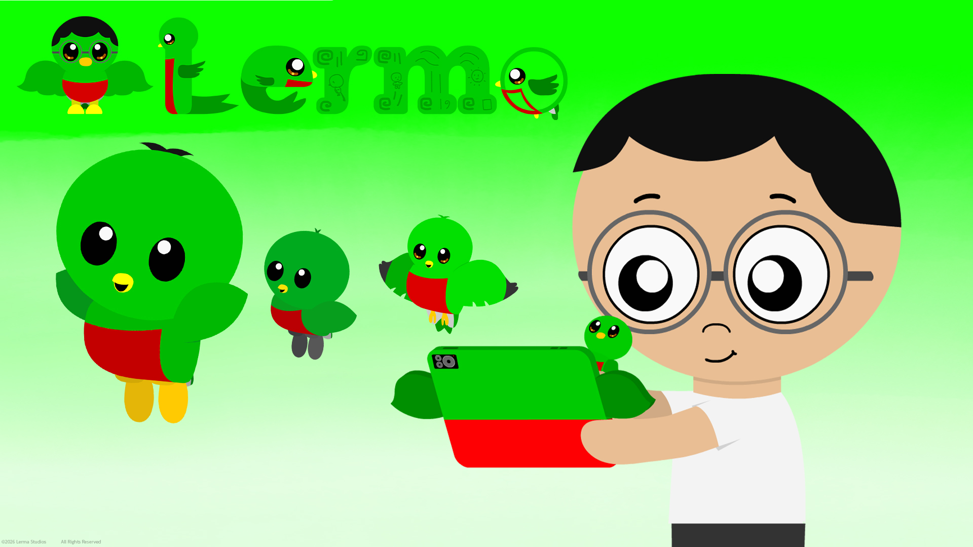 Child with glasses holds a green toy, surrounded by cartoon green worms with smiling faces on a green background.