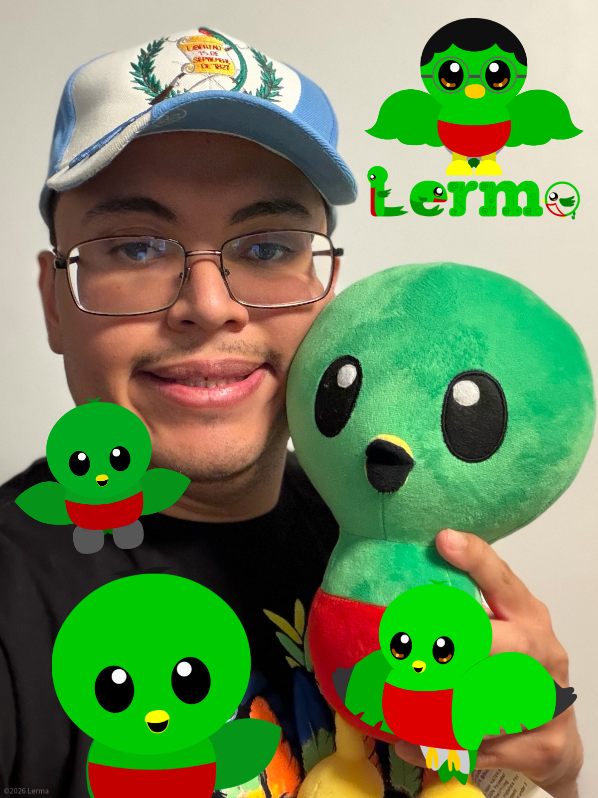 Person wearing glasses and a cap holding a green plush toy with a red scarf, surrounded by cartoon leprechaun characters and a logo.