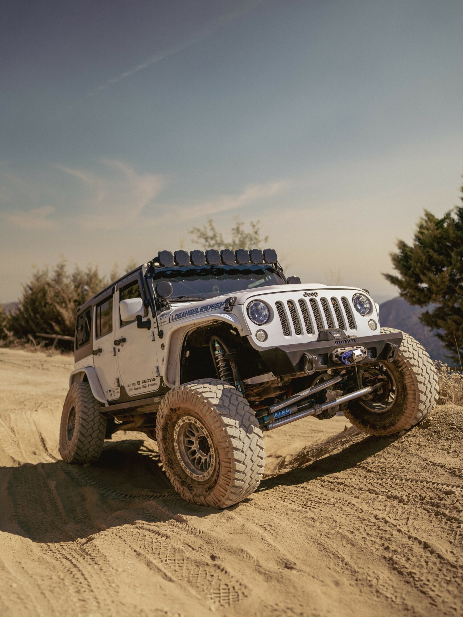 Off-road vehicle with large tires and roof lights driving on dirt terrain, trees and sky in background.