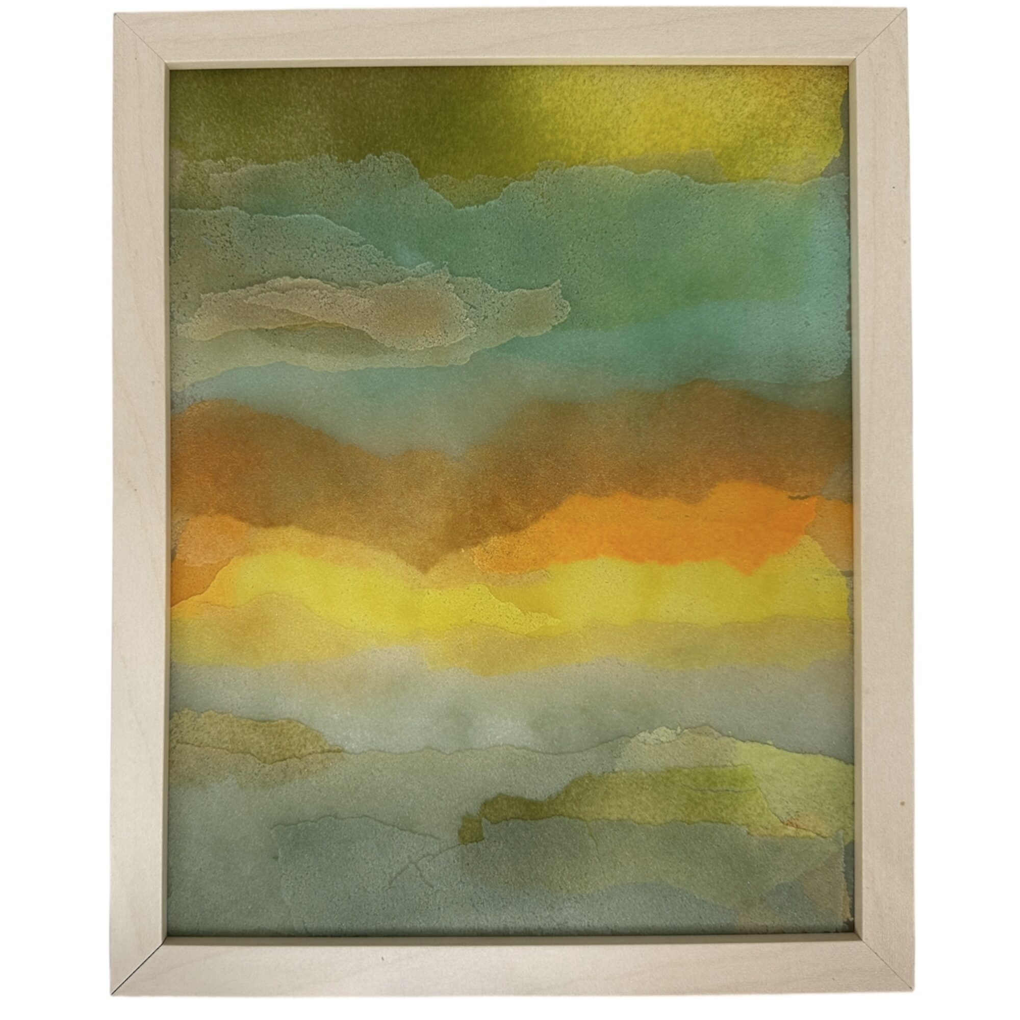 Abstract watercolor painting with green, blue, orange, and yellow hues in a wooden frame.