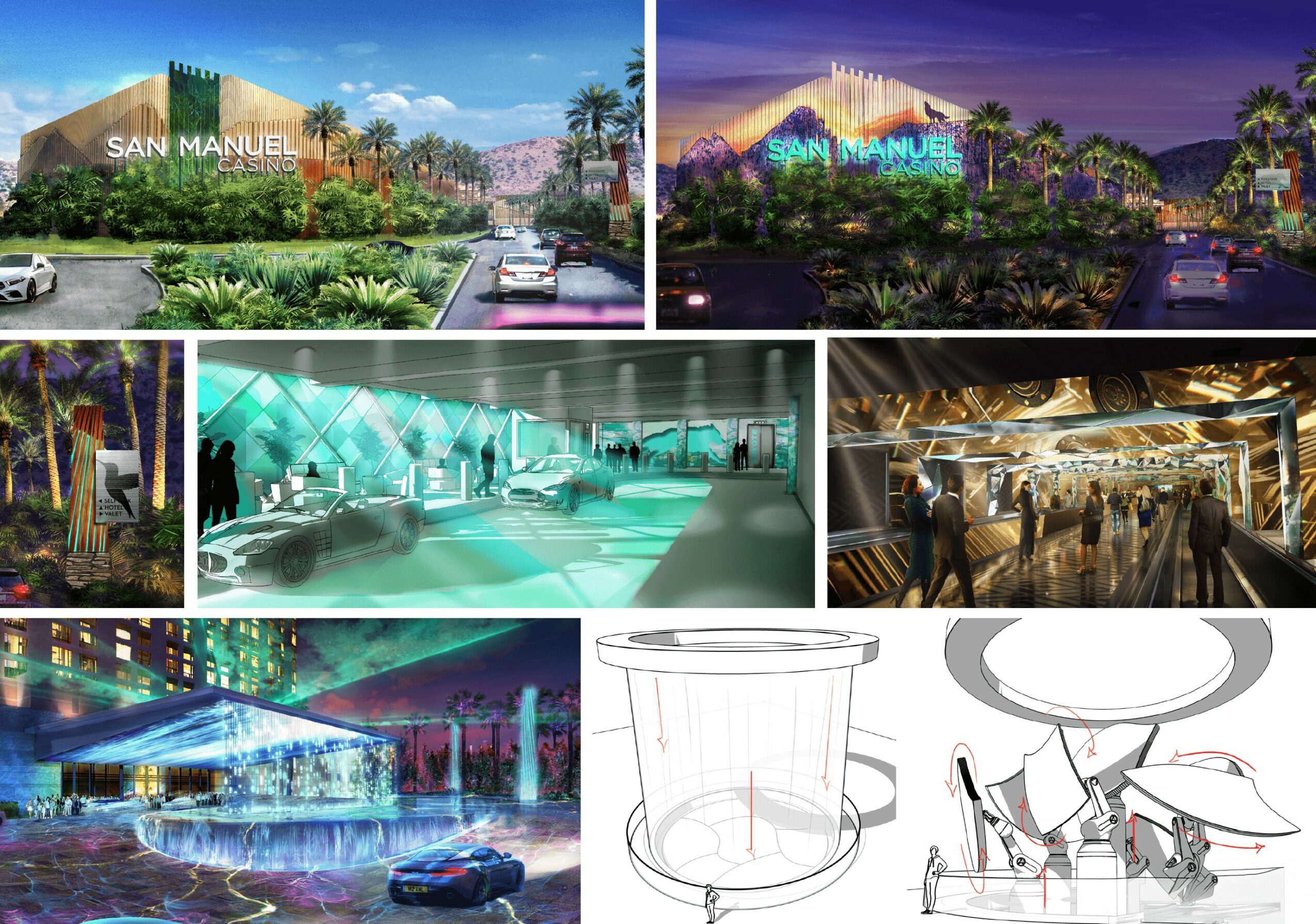 Six images of San Manuel building, interior spaces, and sketches, with colorful lighting and architectural details.