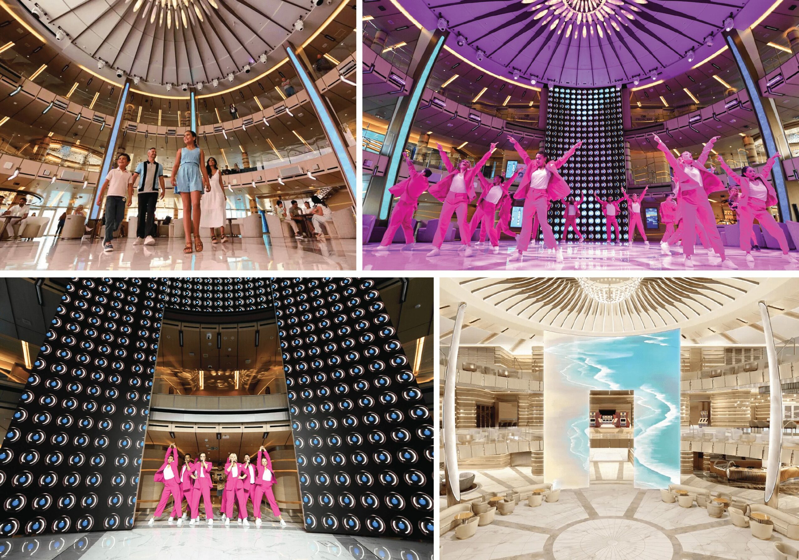 Four images of a modern shopping mall with people, colorful lighting, and digital displays.