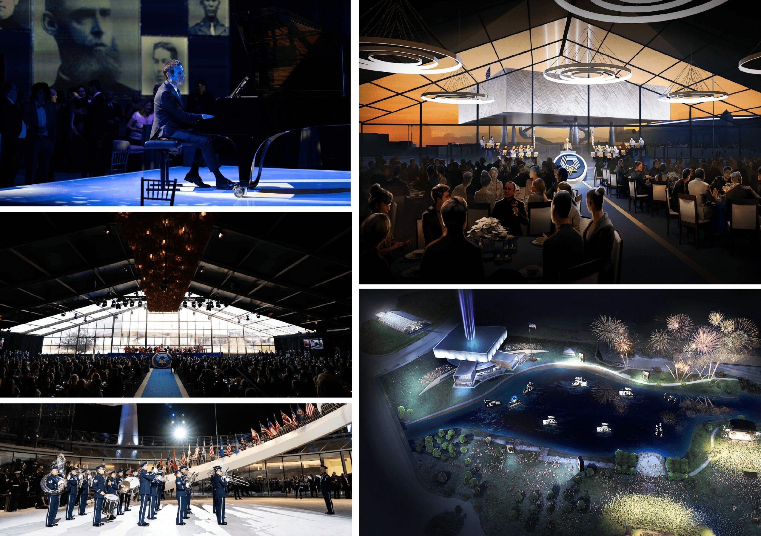 Four images of indoor events: a stage performance, a large banquet hall, a spacious airport terminal, and an outdoor event with fireworks.