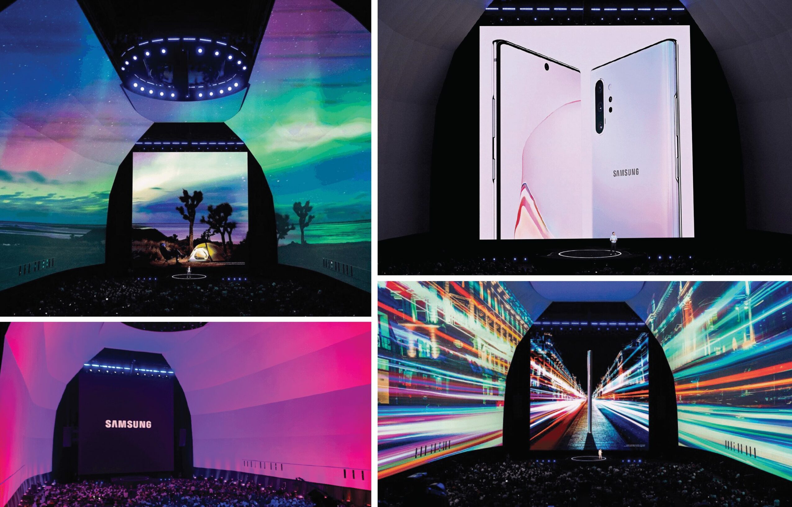 Four images of technology displays and devices, including a colorful screen, a foldable phone, a Samsung sign, and a light tunnel.