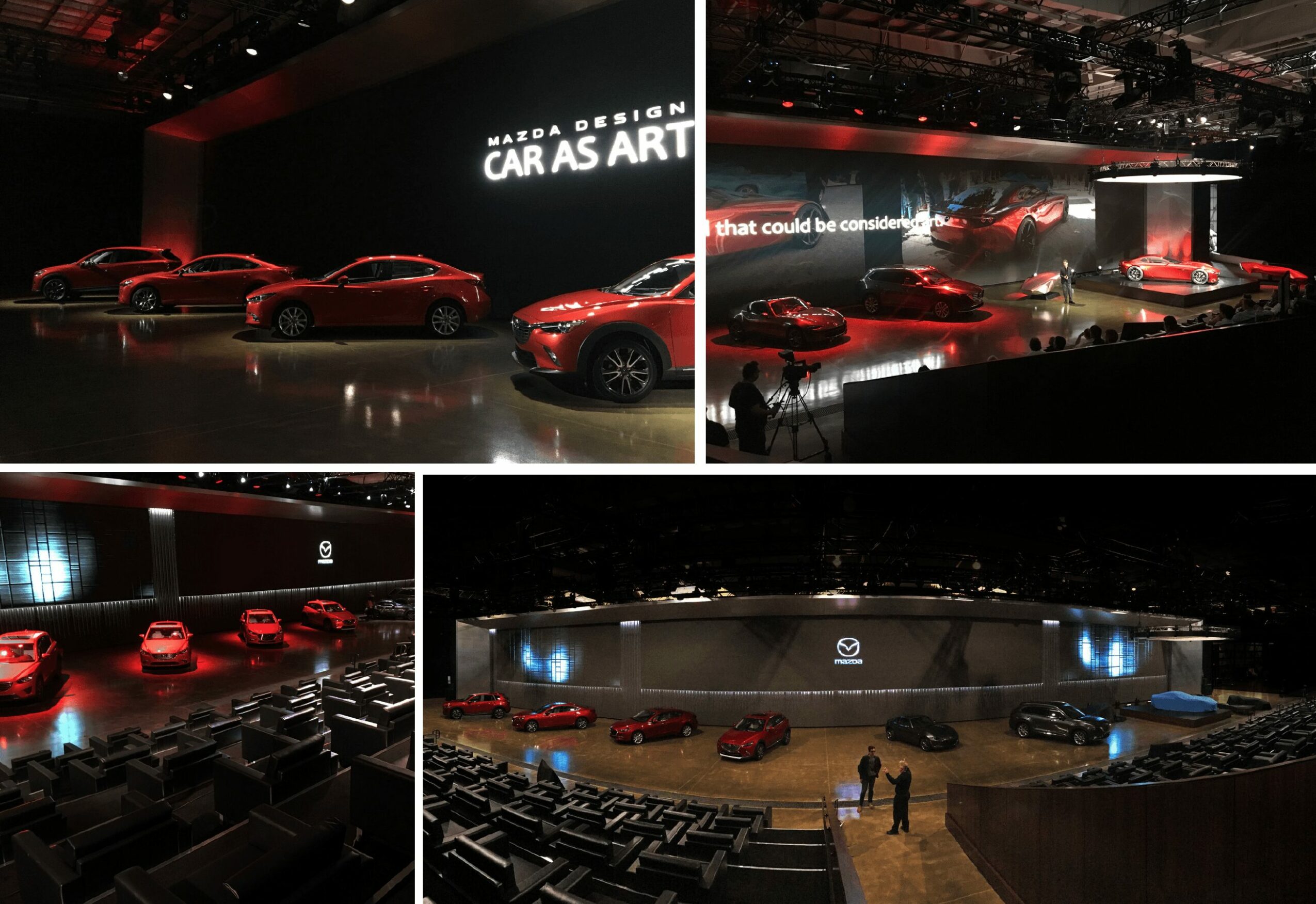 Multiple images of a car exhibition with red cars, a stage, and seating areas in a dark setting.
