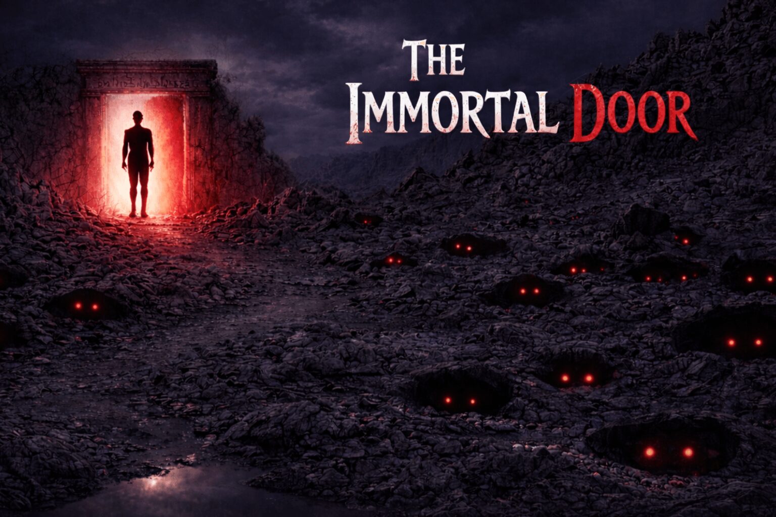 Silhouette of a person standing in a doorway glowing red, with multiple glowing eyes on the ground nearby.