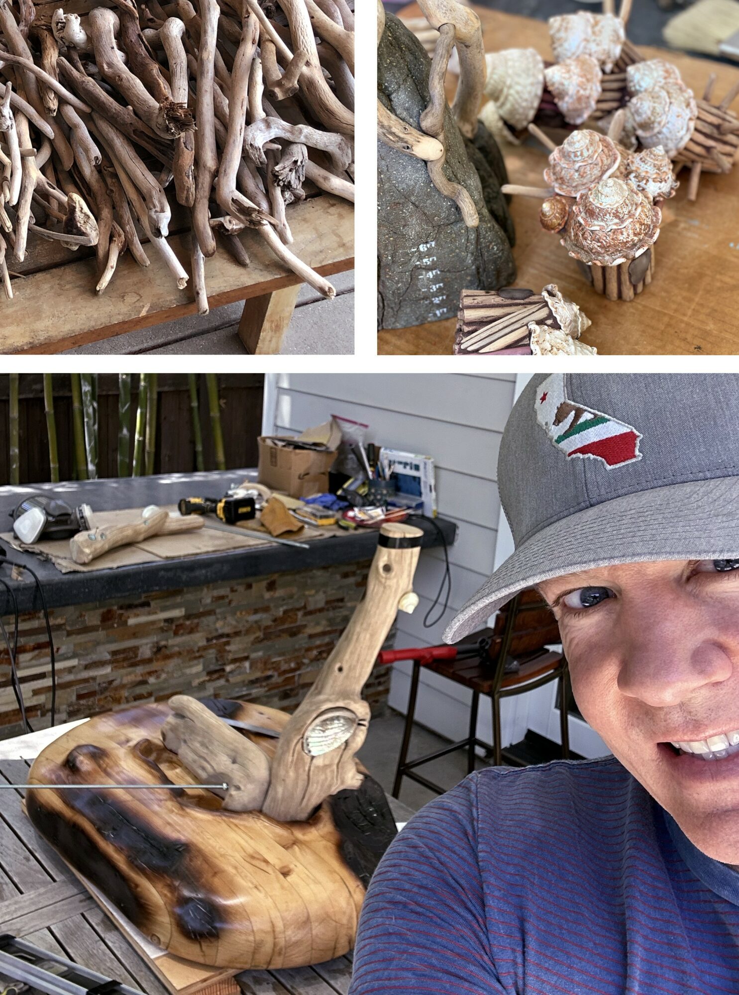 Person wearing a cap smiling, woodworking tools, a wooden sculpture on a table, and a workspace with various items.