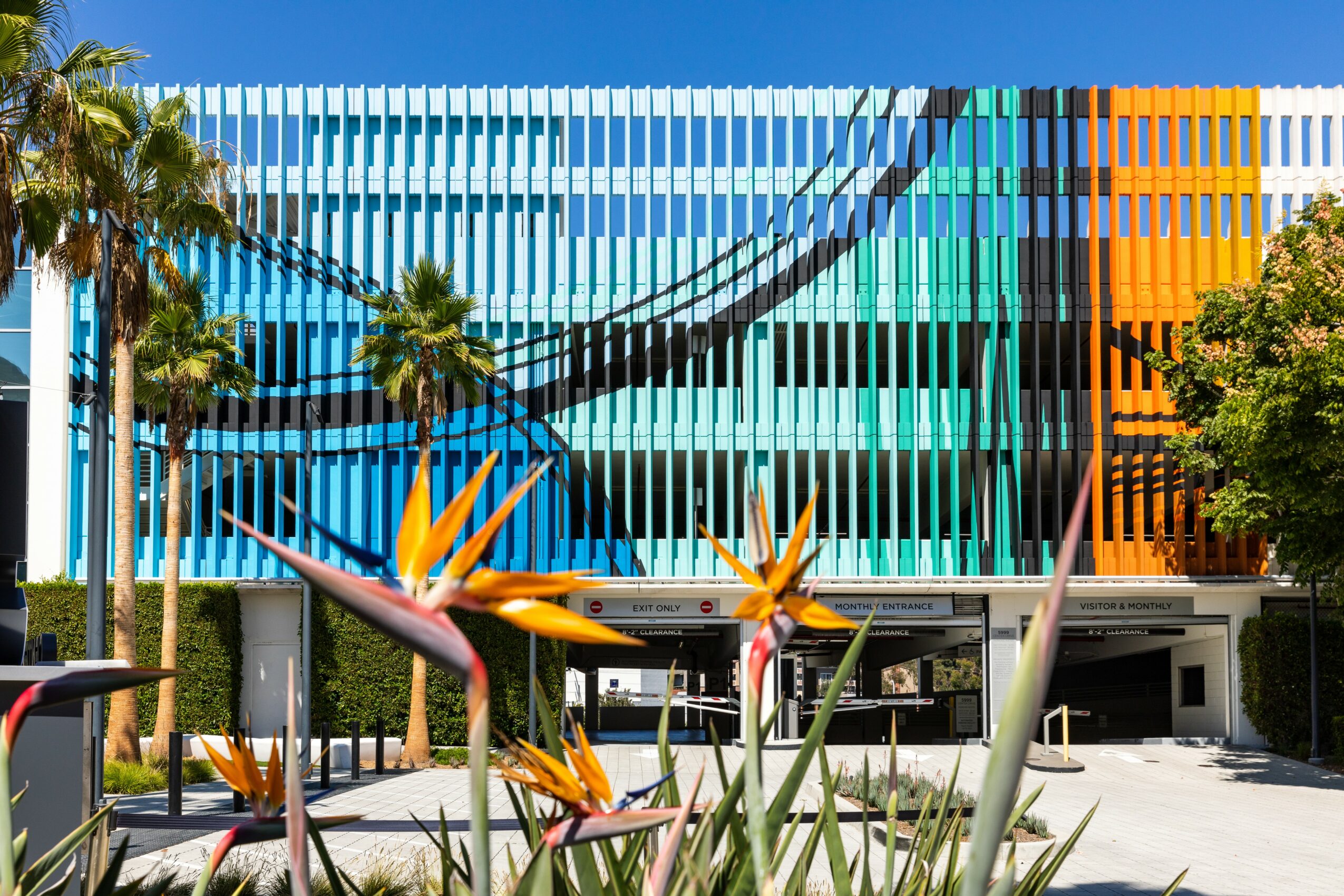 Colorful modern building with vertical stripes, palm trees, and decorative plants in foreground.