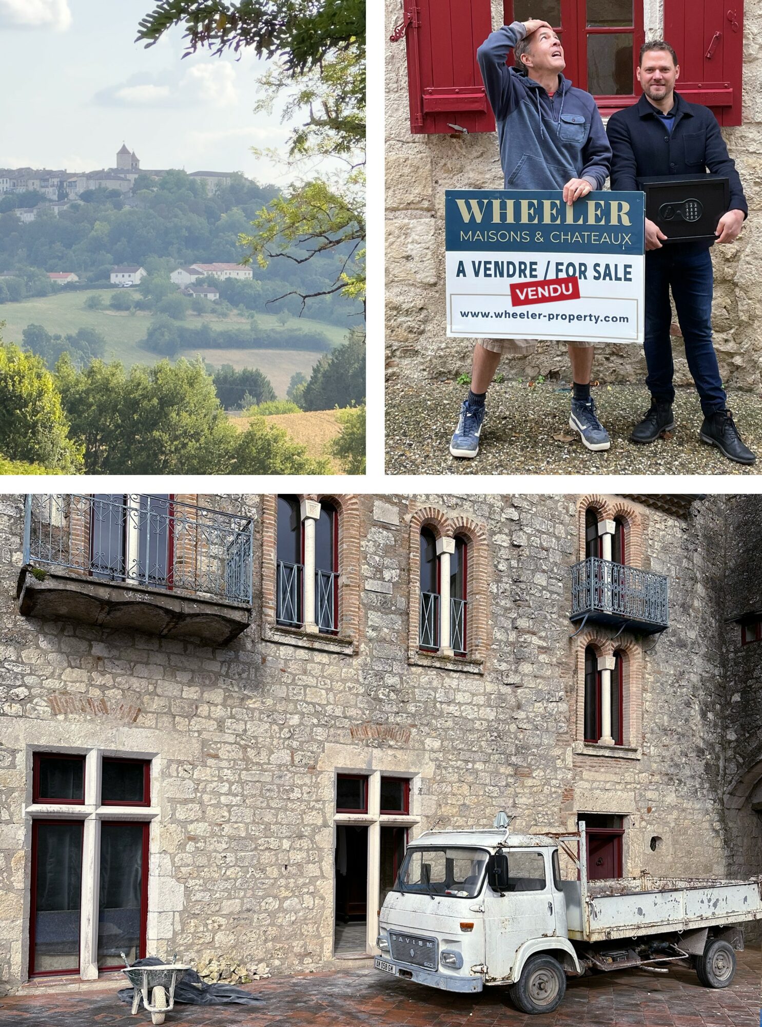 Two people standing outdoors near a red building with a sign, and a stone building with a small truck parked outside.
