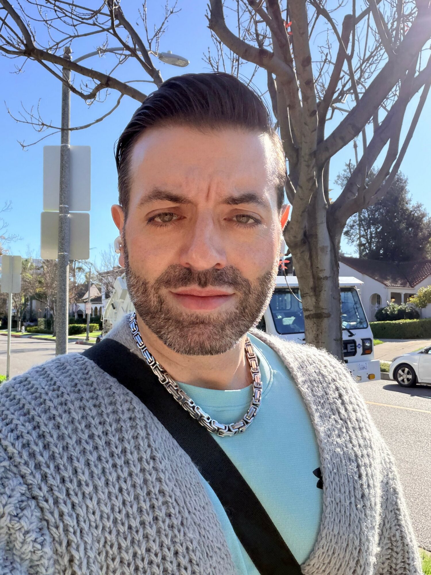 Man with dark hair and beard taking selfie outdoors on sunny day, trees and parked cars in background.