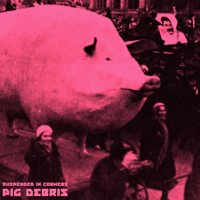 Large pig sculpture with people walking nearby in a city scene, pink tint applied to the image.