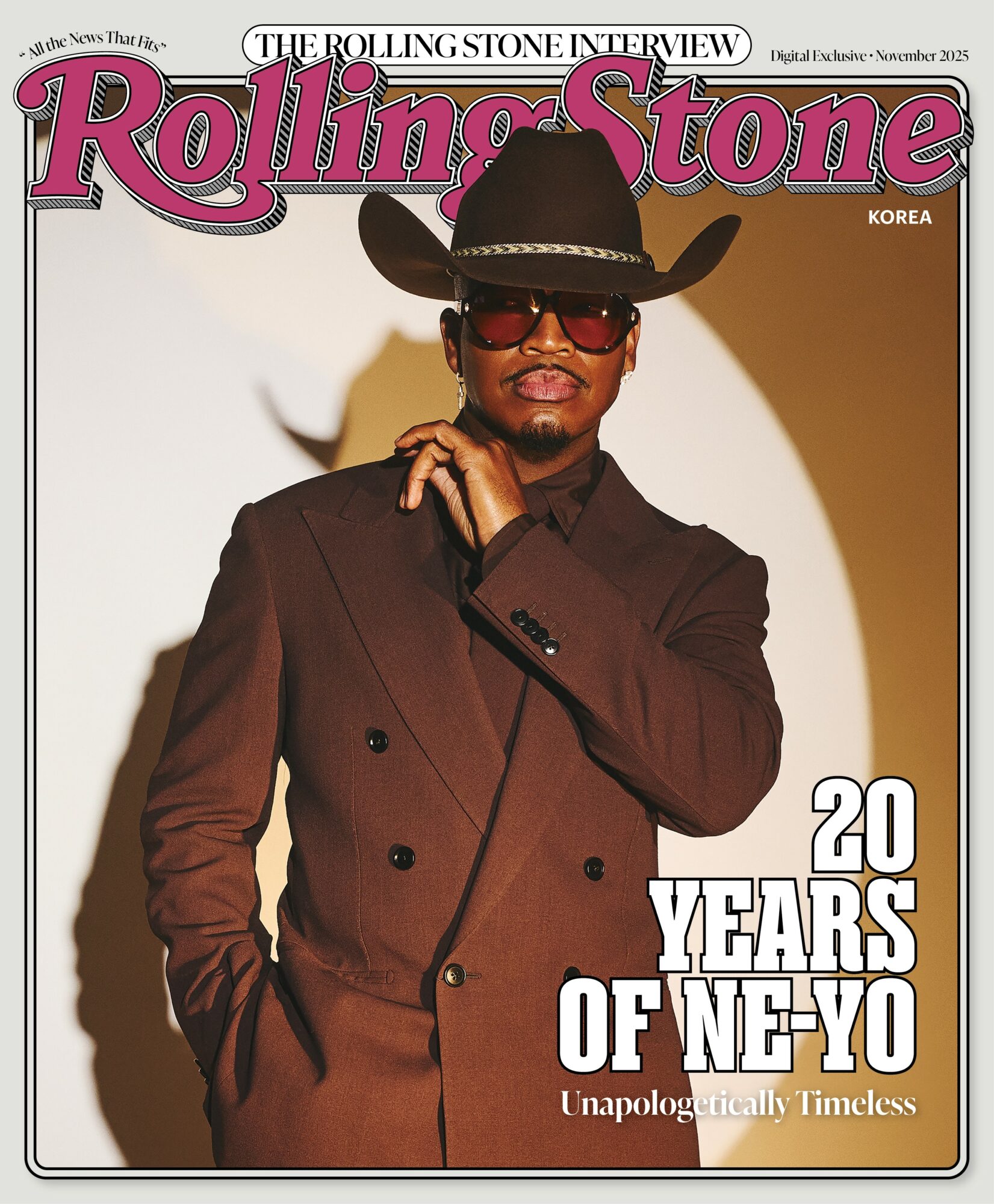 Man wearing sunglasses, hat, and brown suit on magazine cover, with text about 20 years of NY-YO.